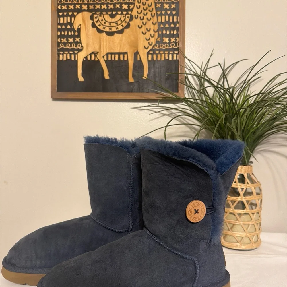 UGG Navy Suede Shearling Short Button Boots